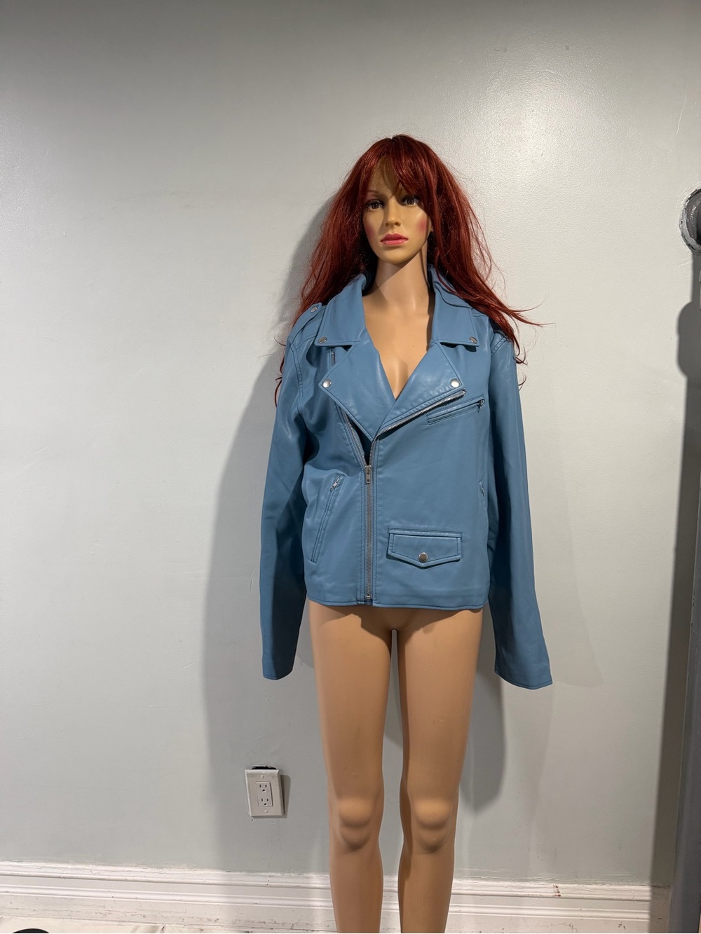 Shinestar Dusty Blue Leather Moto Jacket